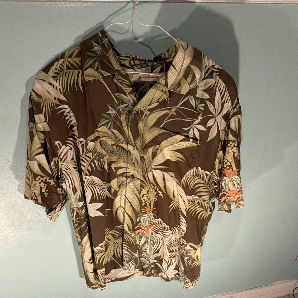 Tommy Bahama Men's L Brown Silk Woven Tropical Floral Lightweight Button-Up
