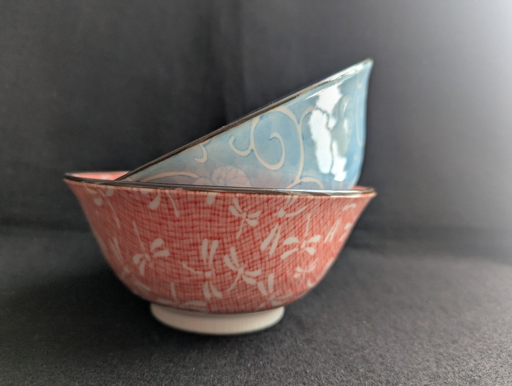 Set of 2  Japanese Ceramic Ramen/Soup Bowls, Blue, and Coral w/ Dragonflies