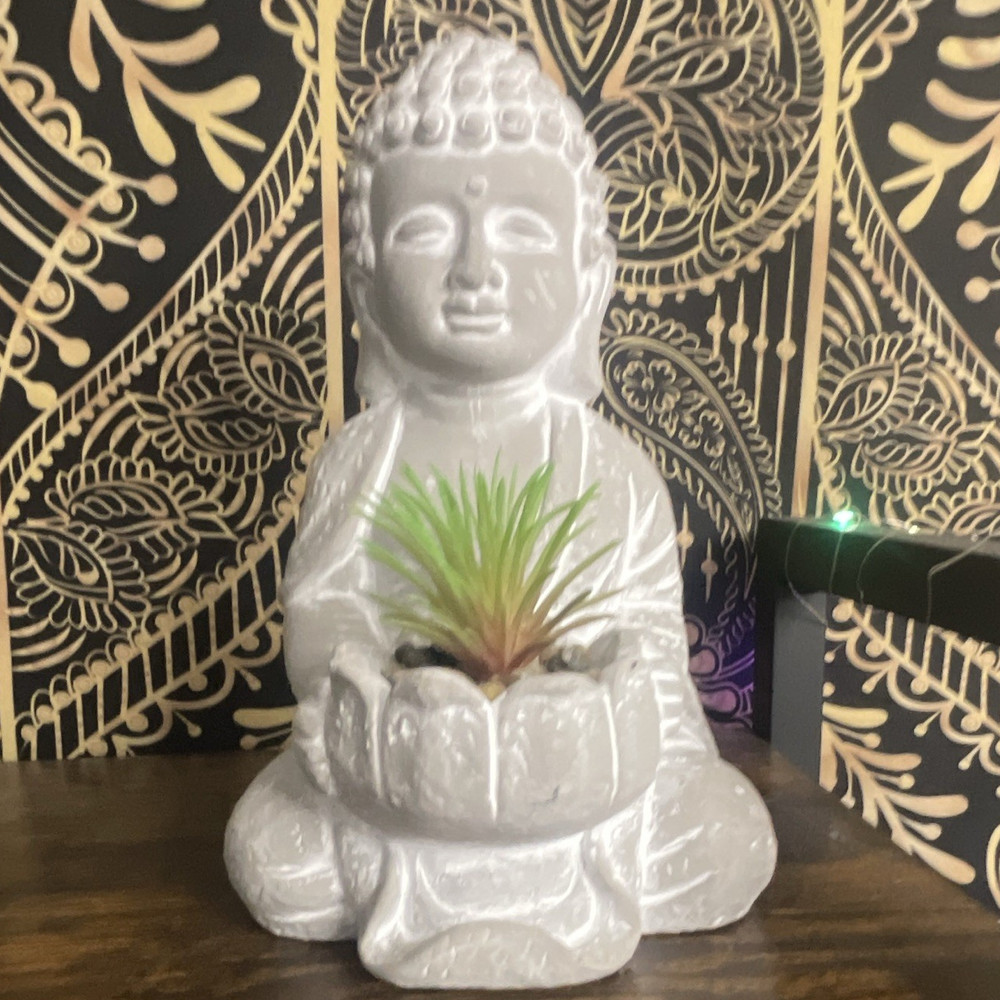 White Buddha Statue Figurine Planter Holder with Faux Succulent Plant