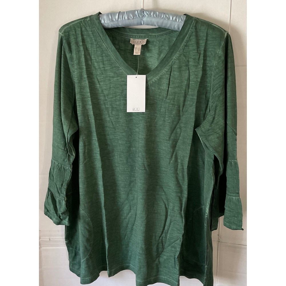 LOGO Lori Goldstein Womens Green Slub Cotton V-Neck Tiered Bell Sleeve Top L NEW