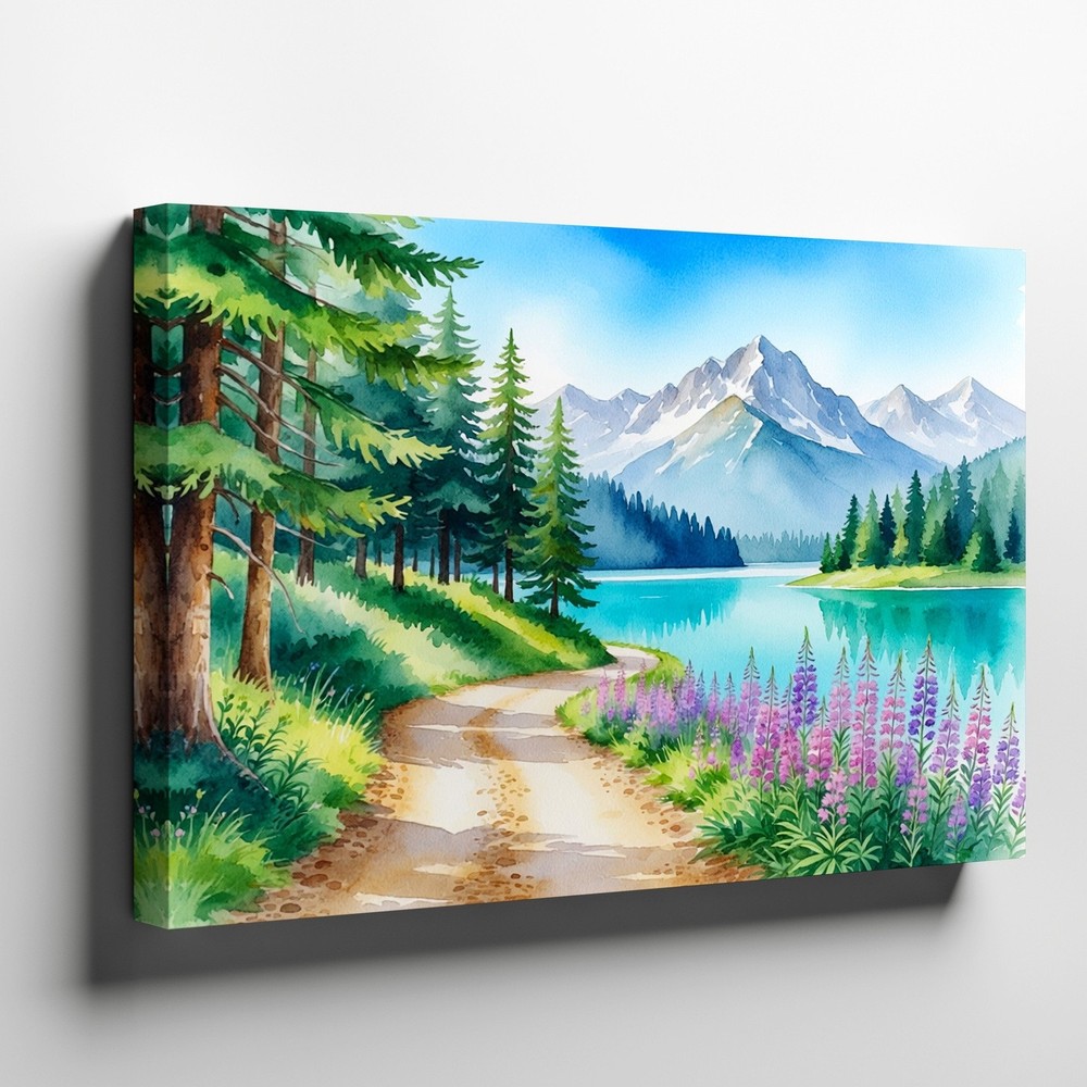Scenic Mountain Lake Landscape Canvas Wall Art Nature Path Pine Trees Print