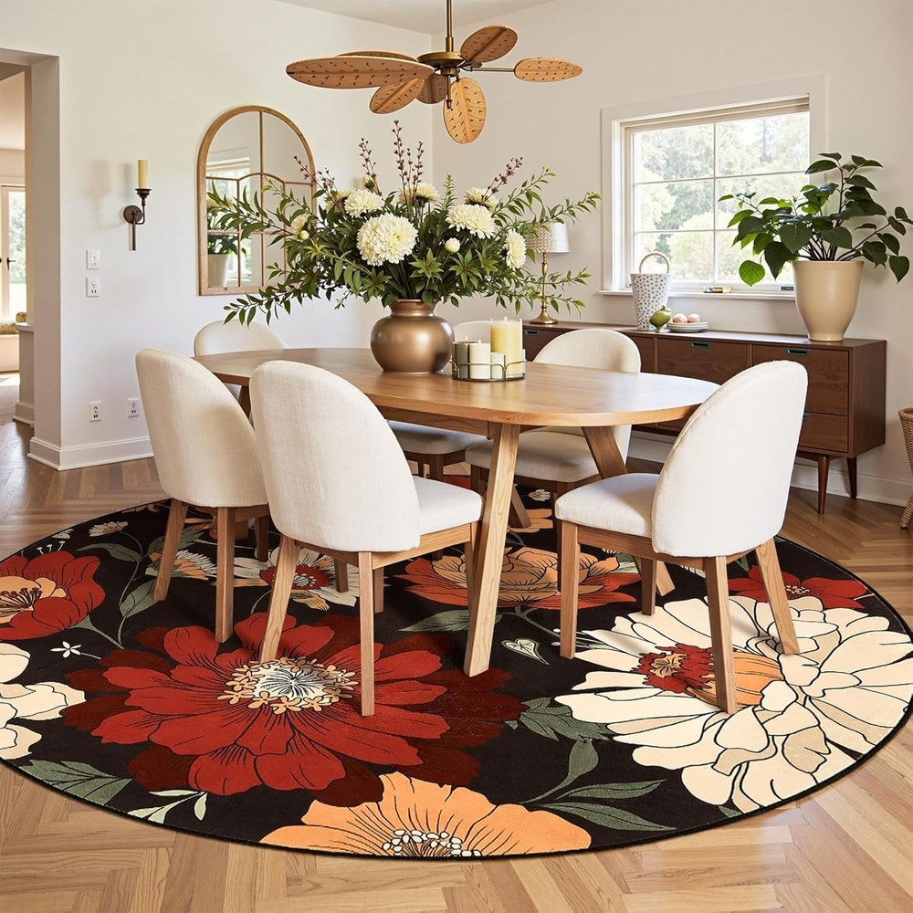 Black Round Rug 8ft Vintage Floral Area Rugs for Living Room