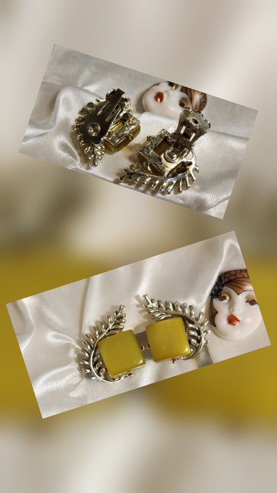 Vintage Coro Goldtone Laurel Leaf Green Square Thermoset Clip-on Earrings