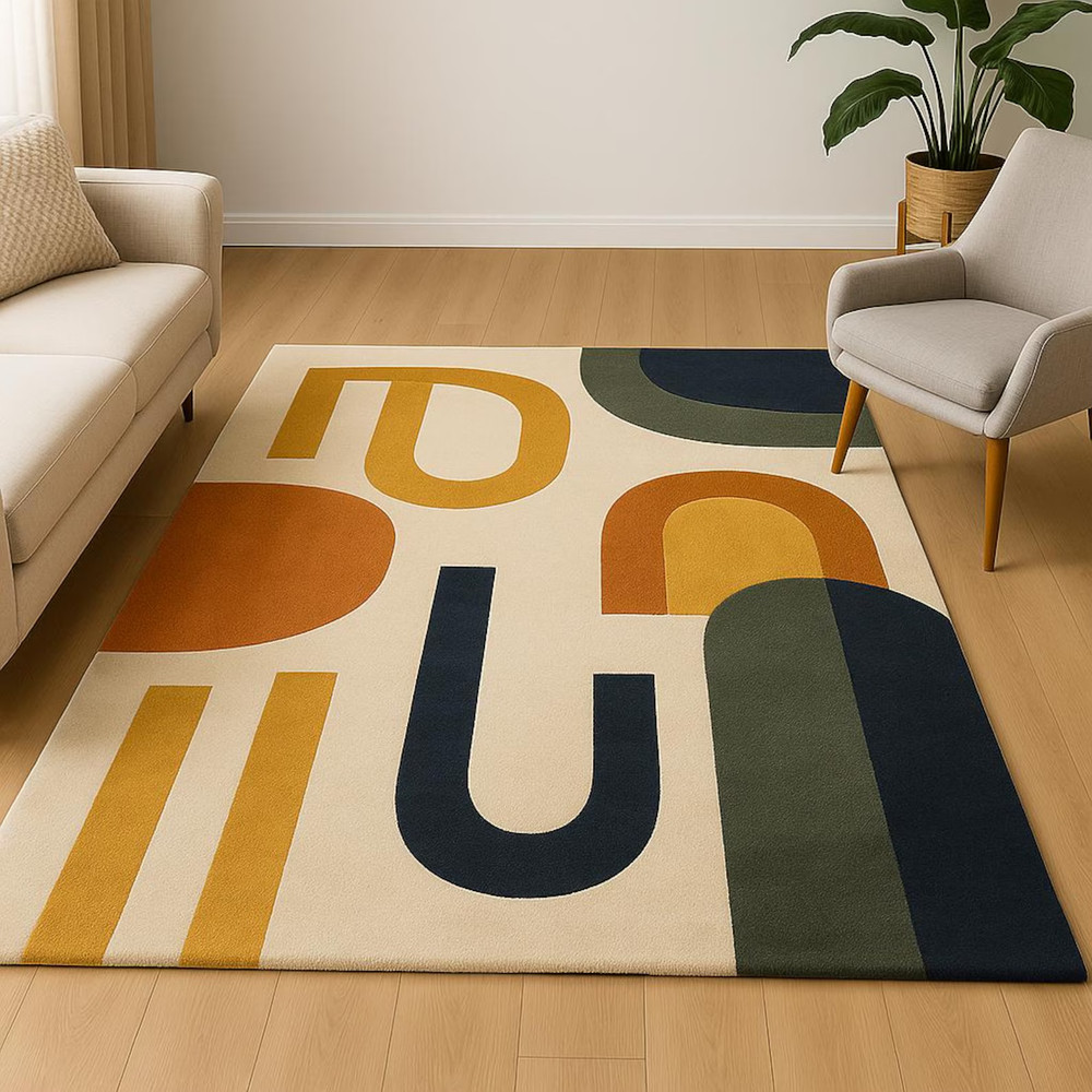 Hand Tufted New Zealand Wool Rug: Mid-Century Modern Geometric Design