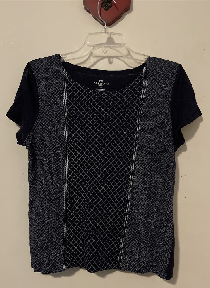 Talbots Womens Petite Large Blue 100% Linen Short-Sleeved Blouse! A5479