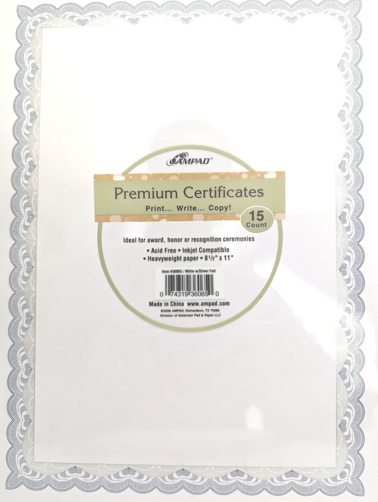 15 Ct Ampad Acid Free Certificates For Inkjet Print Write Copy 8.5