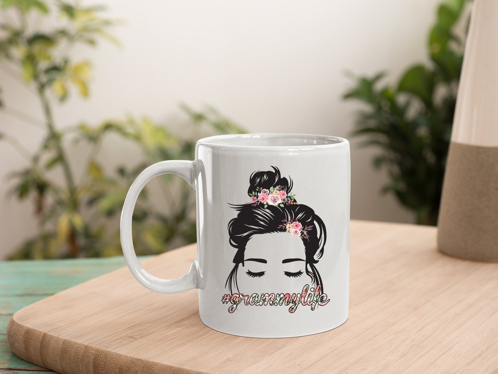 Curly Hair Messy Bun Flowers Grammy Life Mug Mother's Day Mug