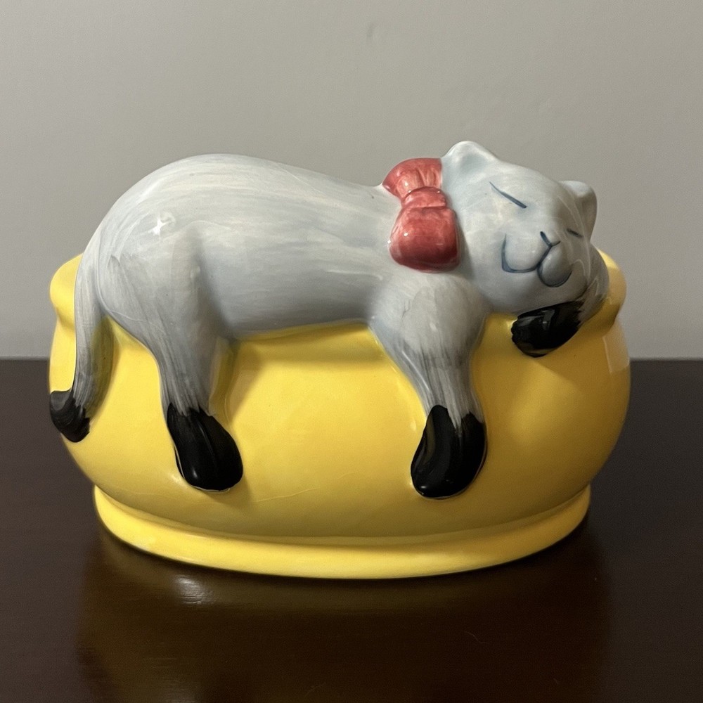 Vintage Grey Cat with Red Bow Ceramic Trinket Dish or Planter