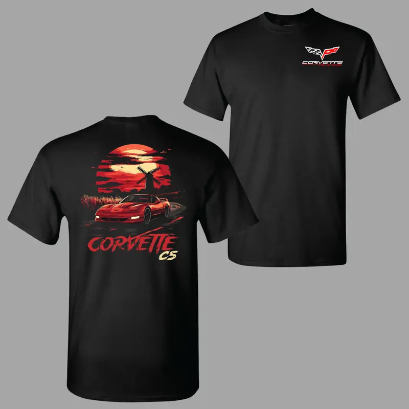 Corvette C5 T-Shirt, Sunset Muscle Car Graphic Tee 2 Sides with Corvette Logo an