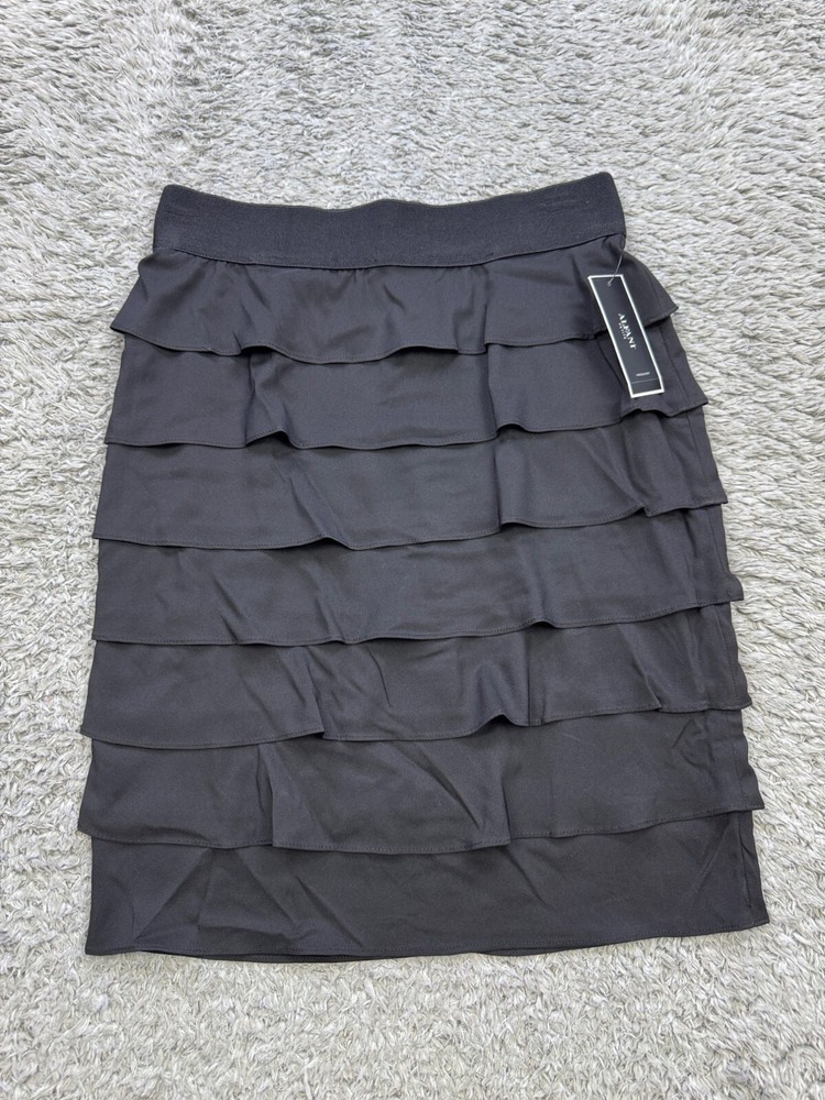 Alfani Skirt Women 2 Petite Ebony Black Tiered Ruffle Stretch Mini Pencil NWT