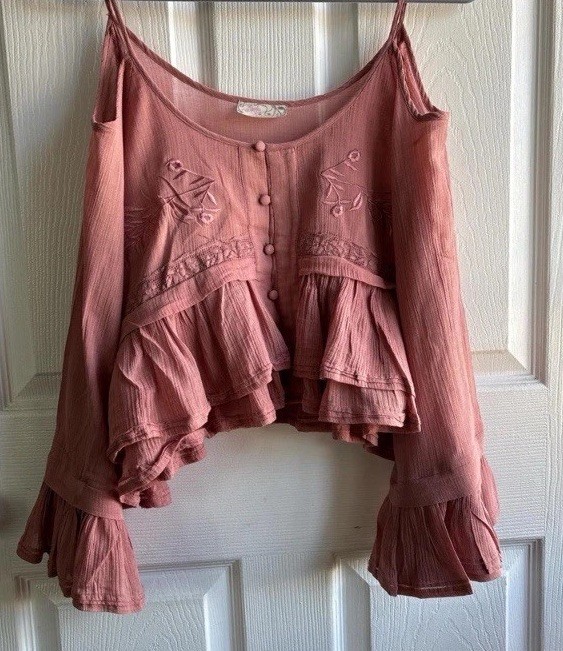 Free People Women's Pink Woven Gauze Cotton Ruffle Cropped Blouse - Small