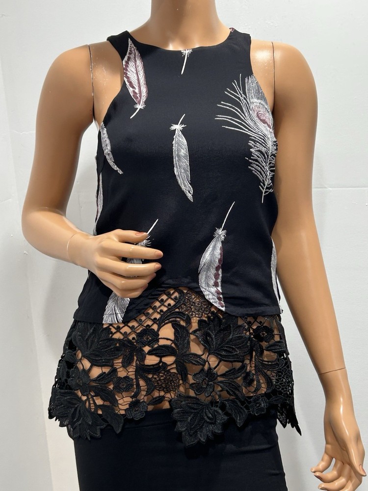 Black Feather Print Lace-Layer Top in Size XS