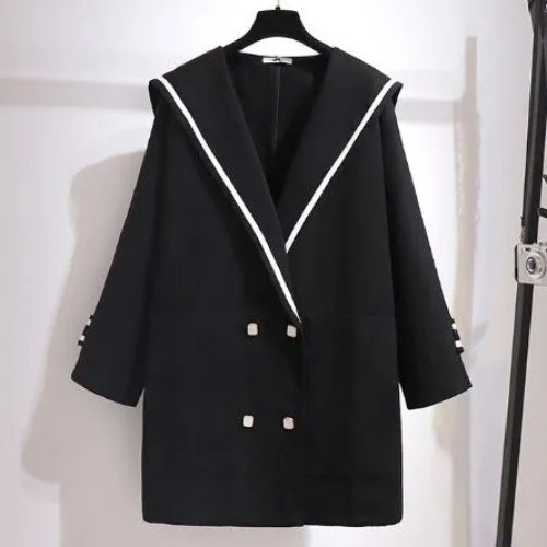 Women's Cashmere Wool Overcoat Navy Collar Double-Sided Short Black Winter Coat