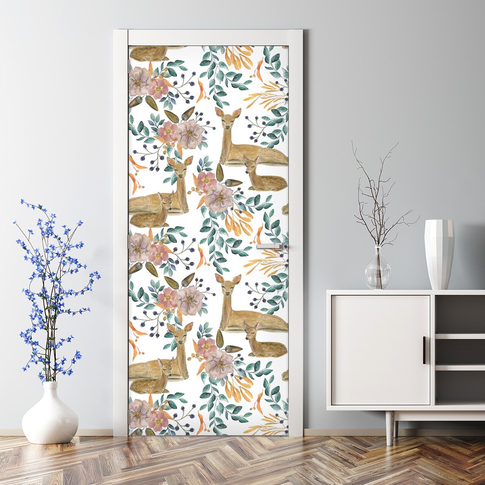 Brown and Green Watercolor Deer Bubble-Free Door Sticker for Home Decor