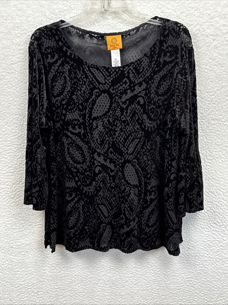 Women's Velvet Burnout Whimsigoth Blouse PL Black Bell sleeves Lined  Dark Fairy