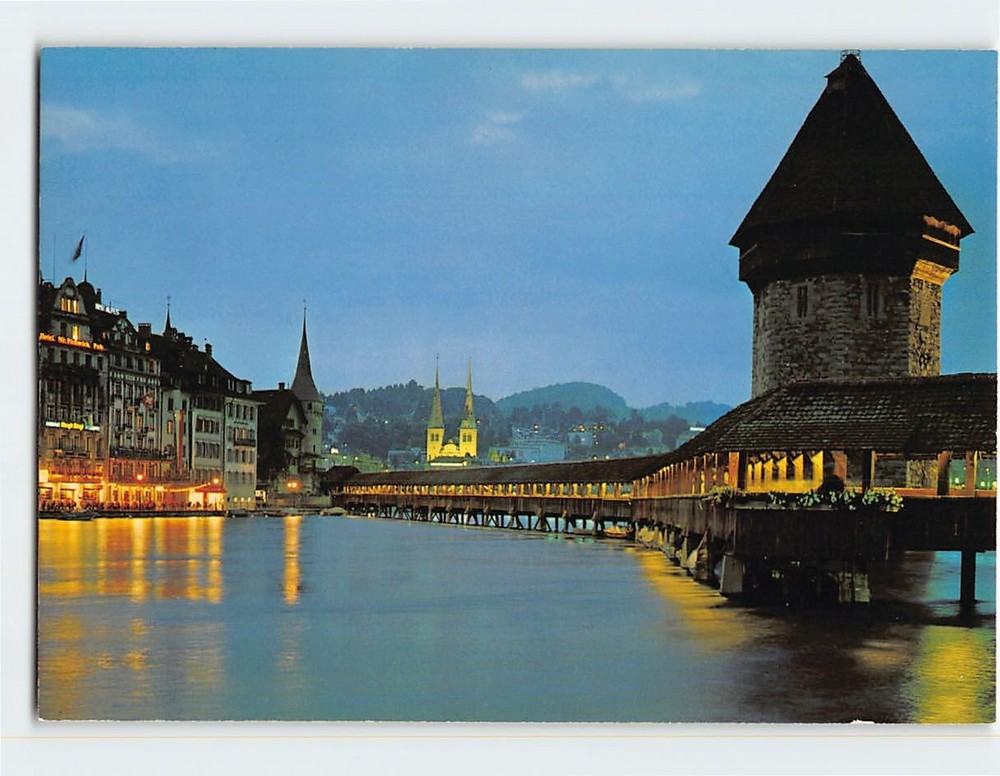 Postcard Chapel Bridge & Collegiate Church Lucerne Switzerland