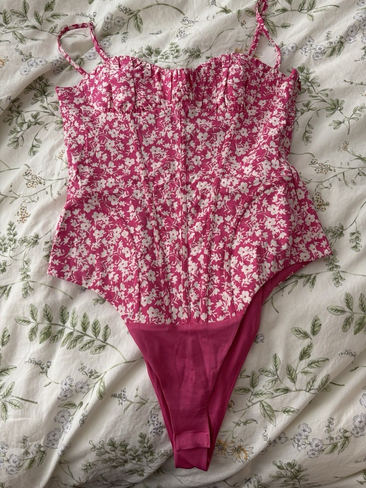 Zara Pink Floral Corset Style Spaghetti Strap Women's Bodysuit Size Small