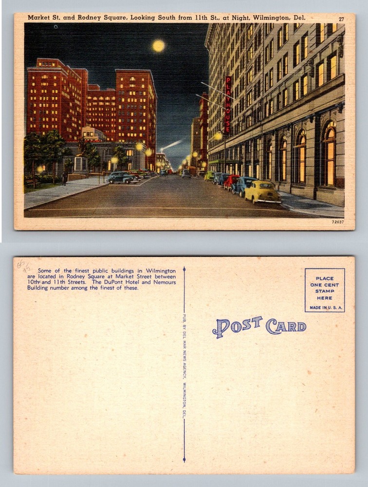 Wilmington, DE-Delaware, Market Street Rodney Square At Night Vintage Postcard