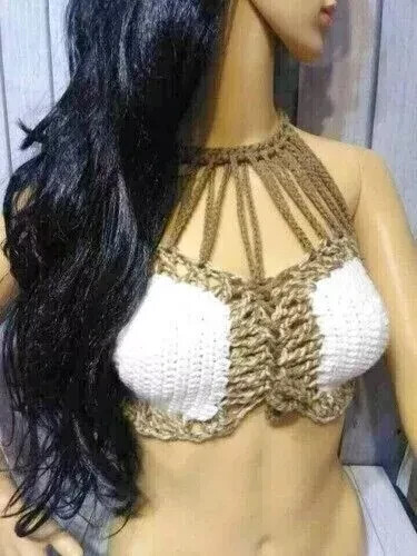 crochet womans handmade boho top festival crop summer s/m cream brown USA made