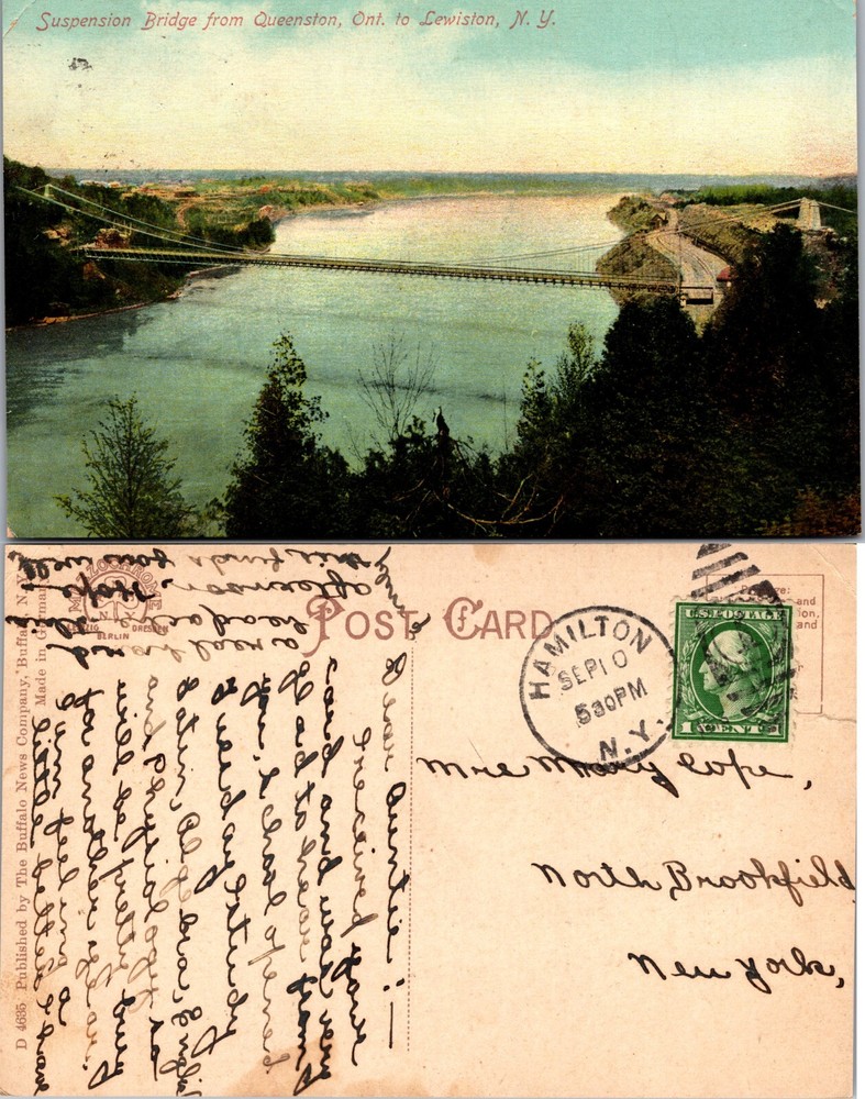 Suspension Bridge Queenston Ontario To Lewiston New York NY Postcard