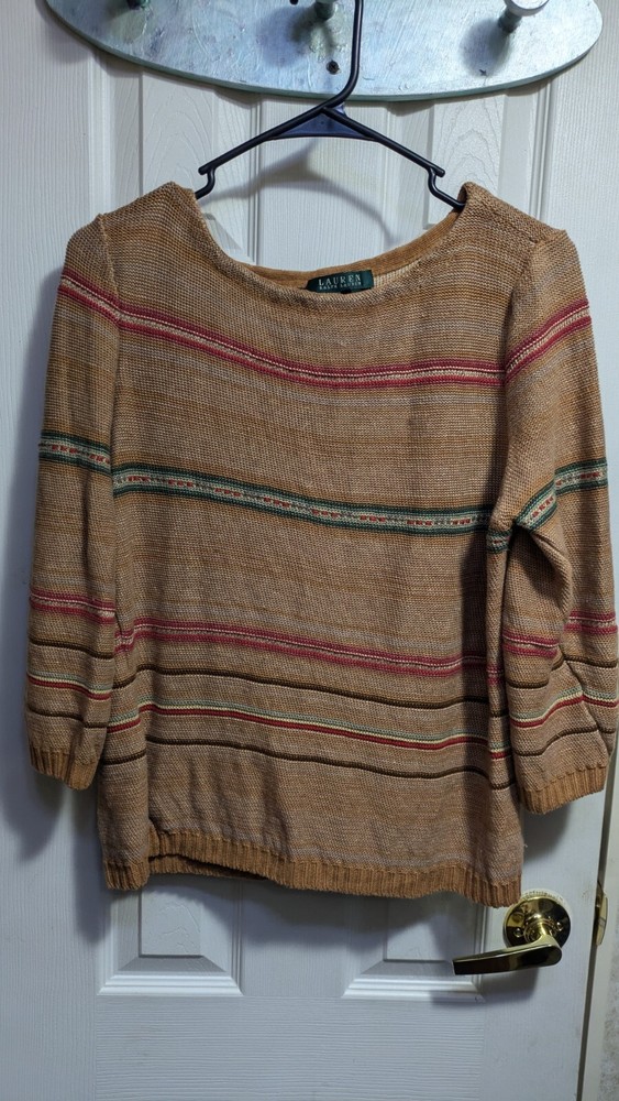 Lauren Ralph Lauren 100% linen Stripe  Sweater 3/4 Sleeve Women's Size XL