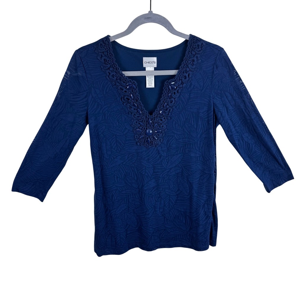 Chicos Navy Blue Palm Leaf Crochet Beaded V-Neck 3/4 Sleeve Top Cotton Blend S