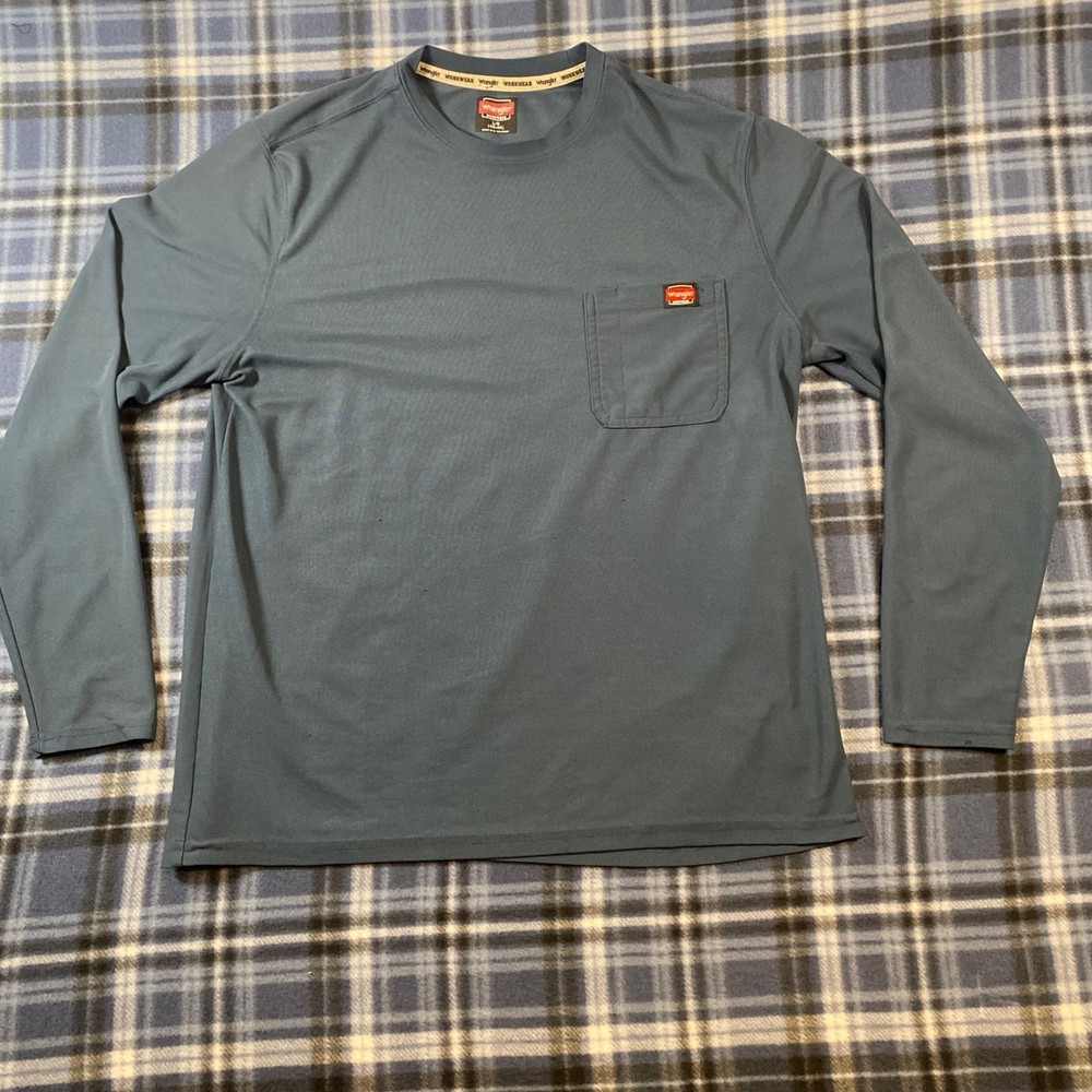 Wrangler Workwear Mens Long Sleeve Pocket T-Shirt Blue Large Performance Tee
