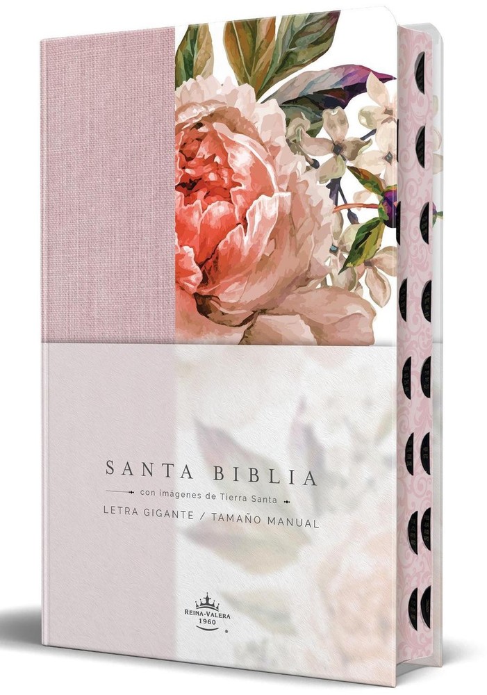 Biblia RVR 1960 Tamao manual, letra gigante, tela con flores rosadas, canto pint