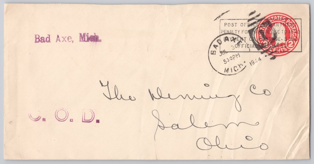 Bad Axe, Mich., Postal Stationery Envelope, 2c Red Indicia, Circular Cancel
