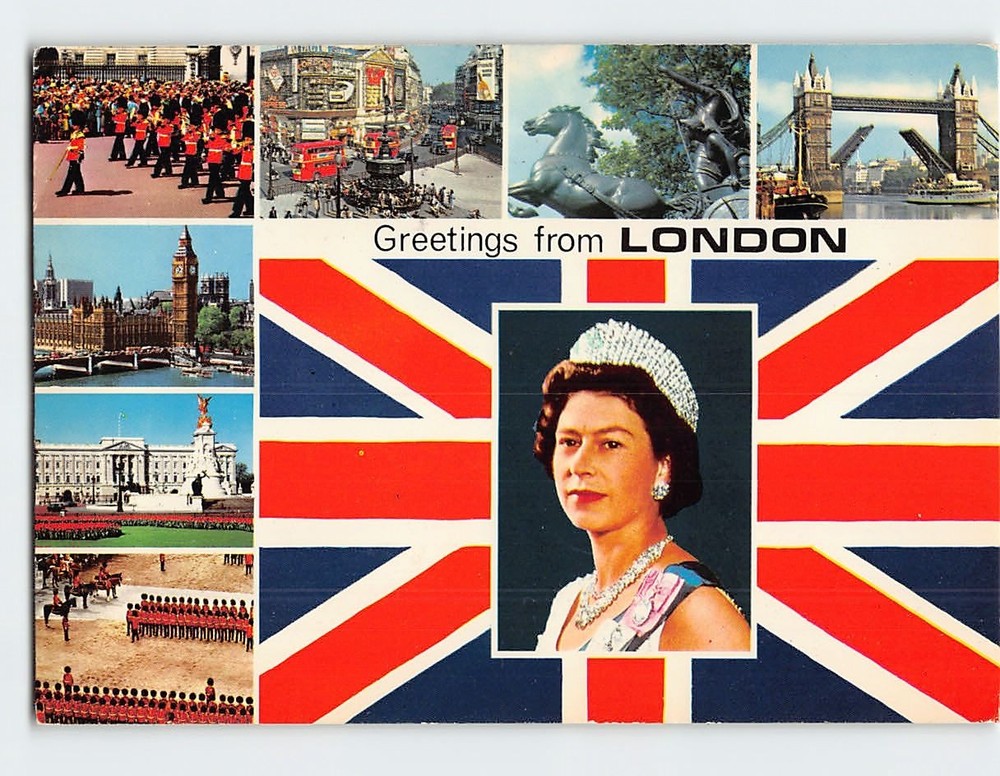 Postcard Queen Elizabeth II, Flag, Scenes & Views Greetings from London England