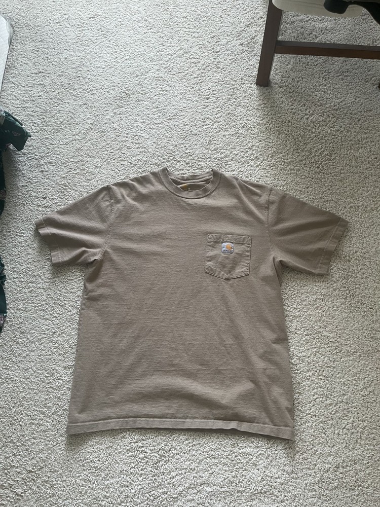 Vintage Carhartt Pocket T Shirt Mens Medium Beige Patch Logo Short Sleeve