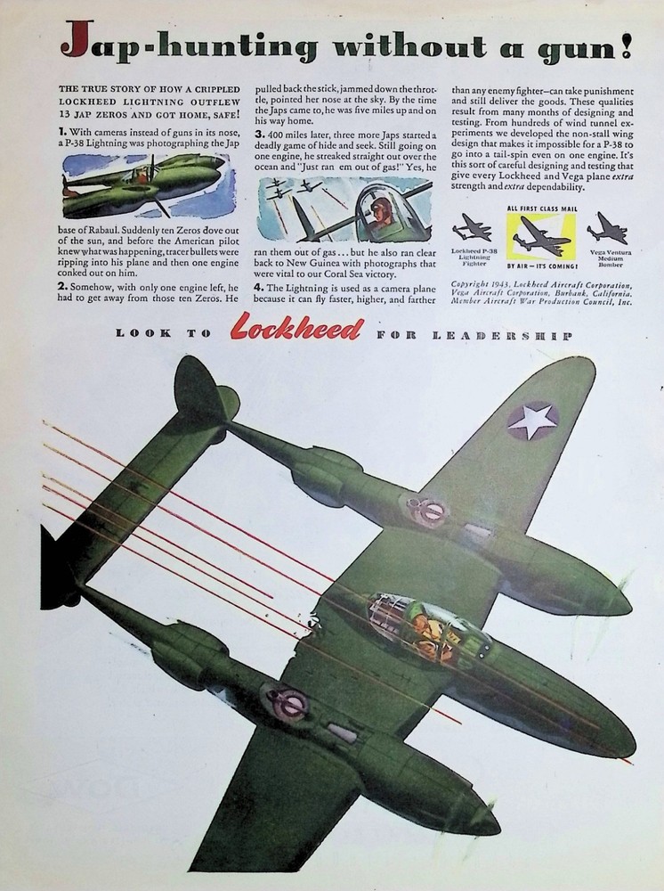 Original 1943 Vintage Print Ad: Lockheed, Jap-Hunting without a Gun #Collectives