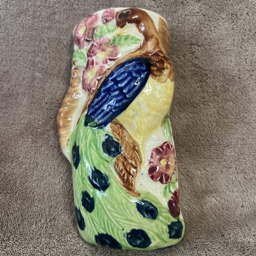 Vintage Ceramic Peacock Wall Pocket Vase 6