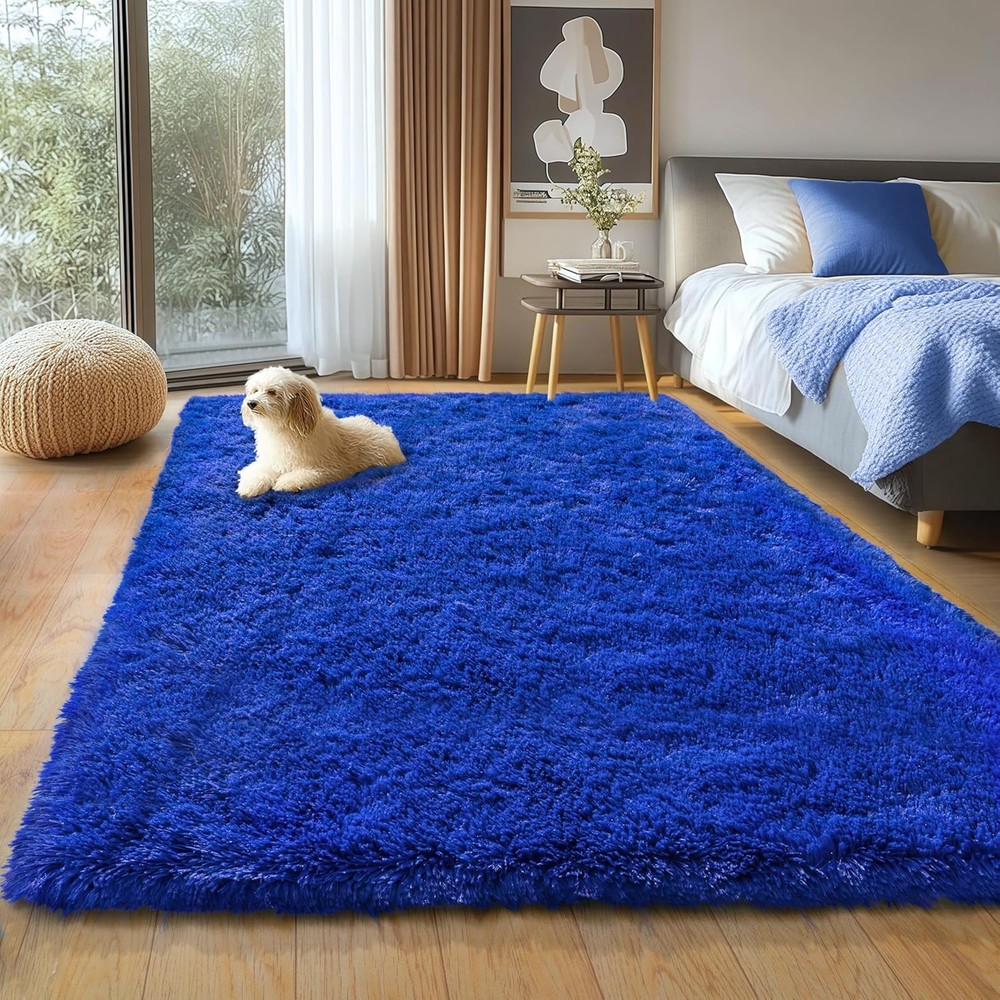Blue Fluffy Area Rug for Bedroom, 4x5.9 Feet Shag Rugs for Living Room, Kids