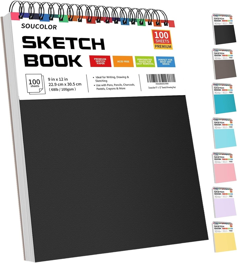 Soucolor 9x12 Spiral Sketchbook 100 Sheets Acid-Free for Artists Drawing Painting