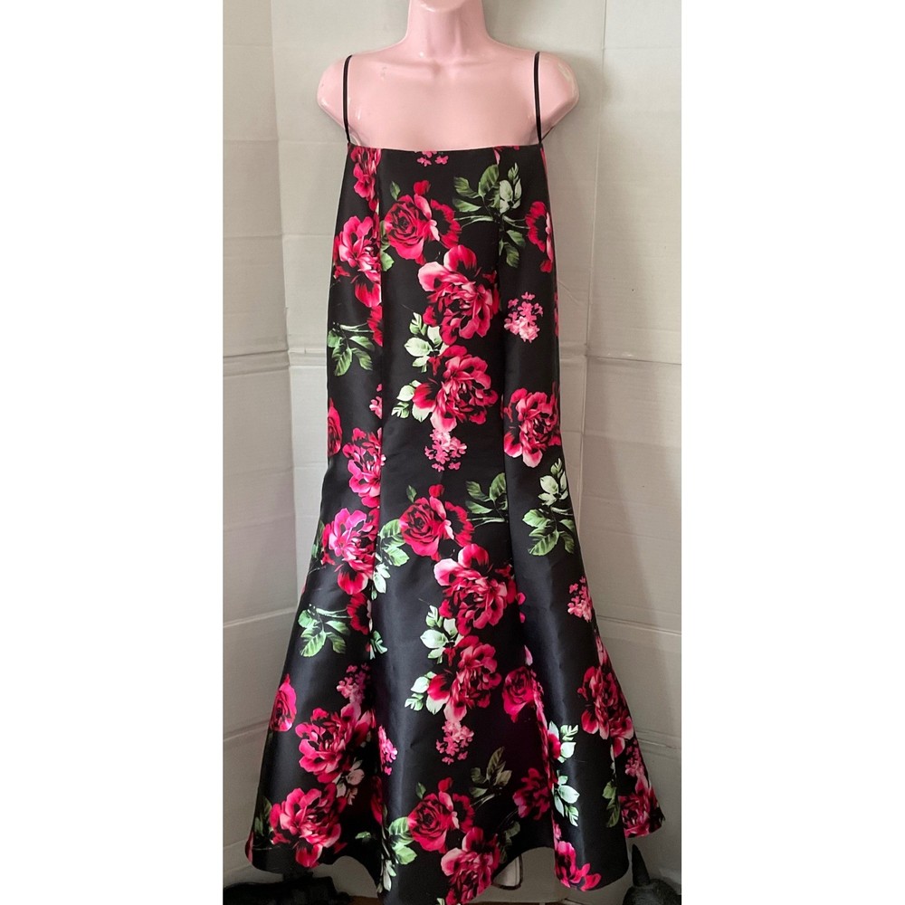 Alyce Paris Black Red Rose Floral Satin Formal Gown Prom Dress Size 6