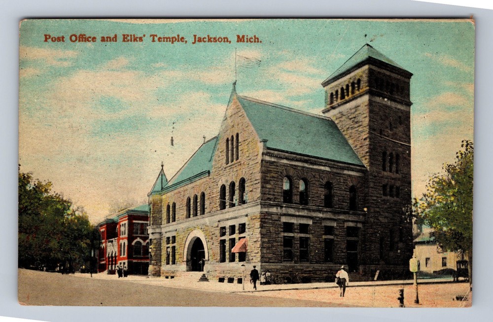 Jackson MI-Michigan Post Office And Elks Temple Vintage Postcard