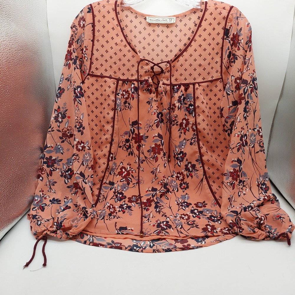 Abercrombie & Fitch Women Pink Mauve Floral Lace Up Peasant Shirt  Size XS