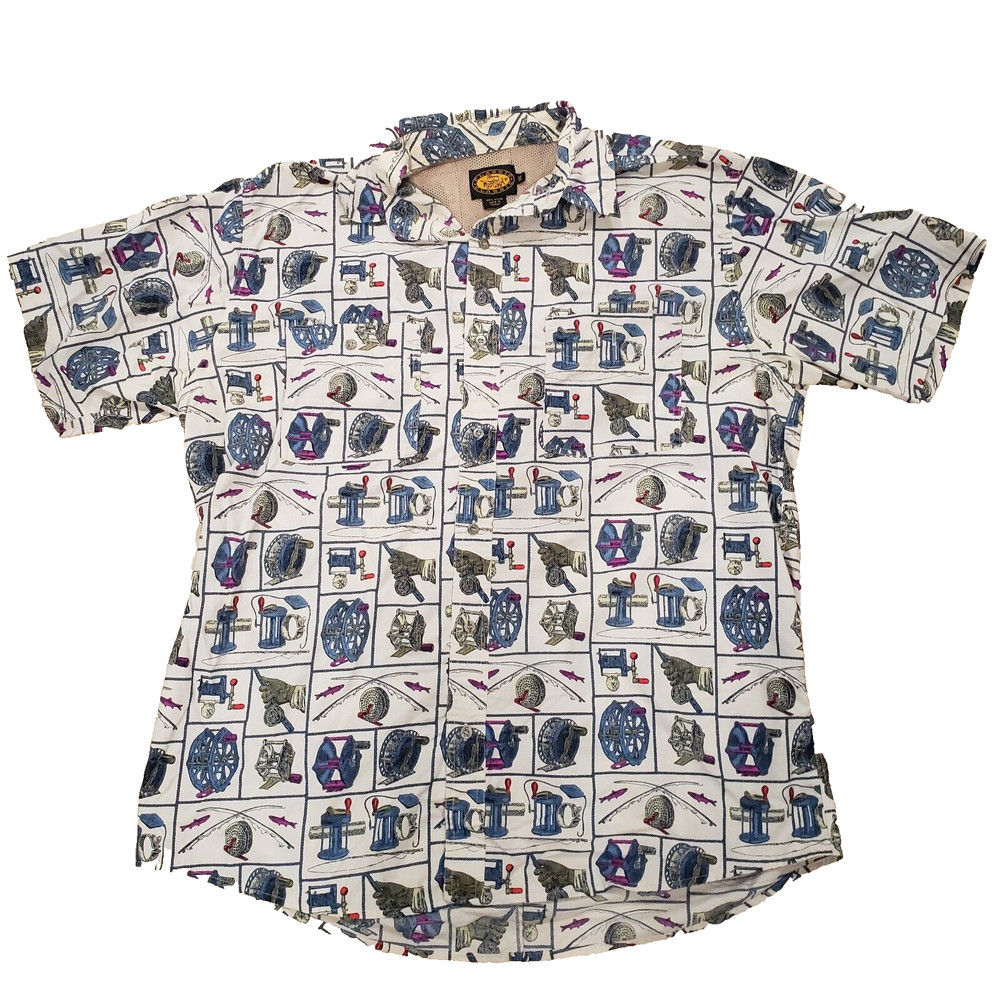 Woolrich Mens 100% Nylon Shirt Size XL Trout Fish All Over Print Button Down