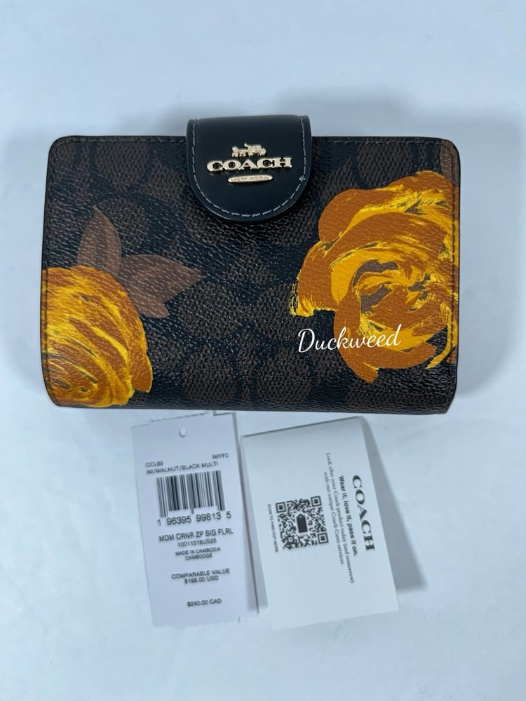 Coach  Medium Corner Zip Wallet In Signature Canvas With Floral Print NWT