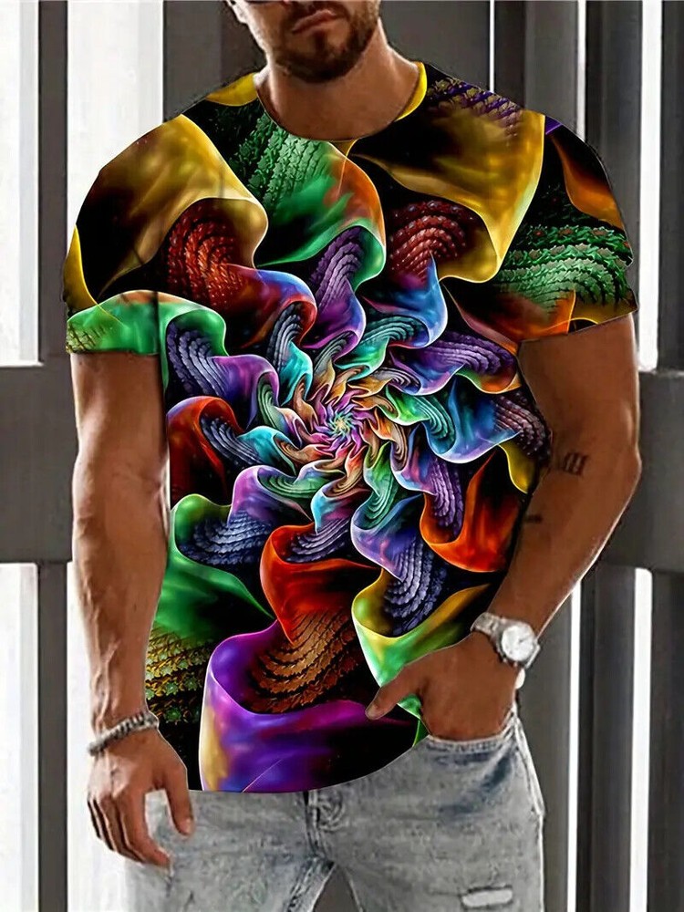 T Shirt 3D Optical Illusion Novelty Fashion Colorful Spiral Short Sleeve Men Tee