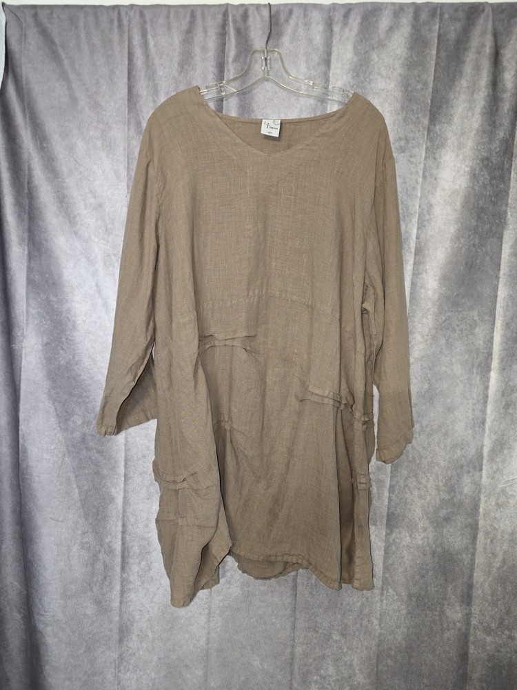 La Fixsun Tunic Top Women Brown 100% Linen V Neck 3/4 Sleeve Lagenlook Artsy USA