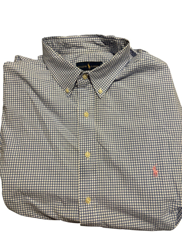 Ralph Lauren Classic Button-Up Shirt 2XLT Tall Blue/White Check w Pink Pony