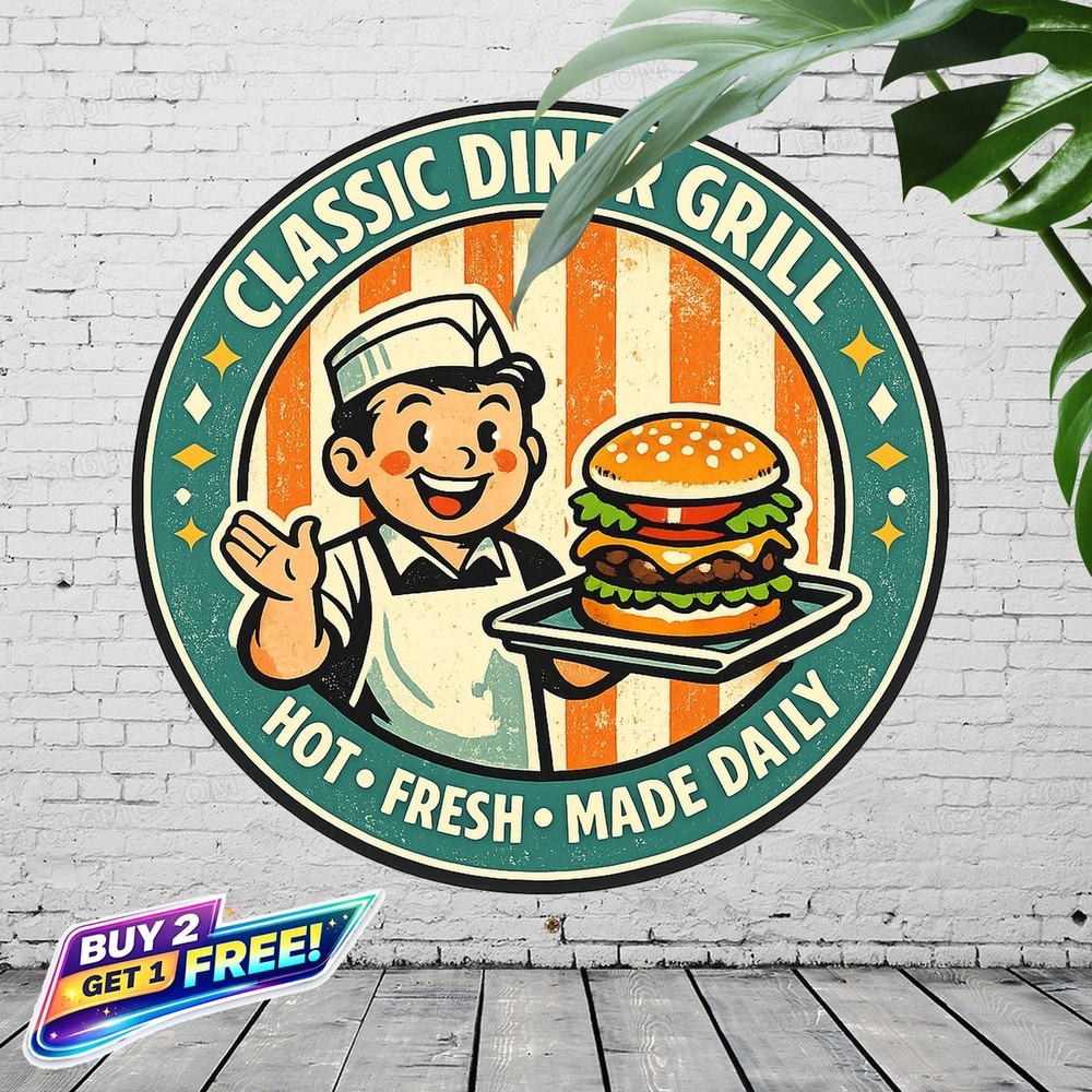 Big Boy Burger Retro Round Metal Sign Diner Wall Decor 8x8