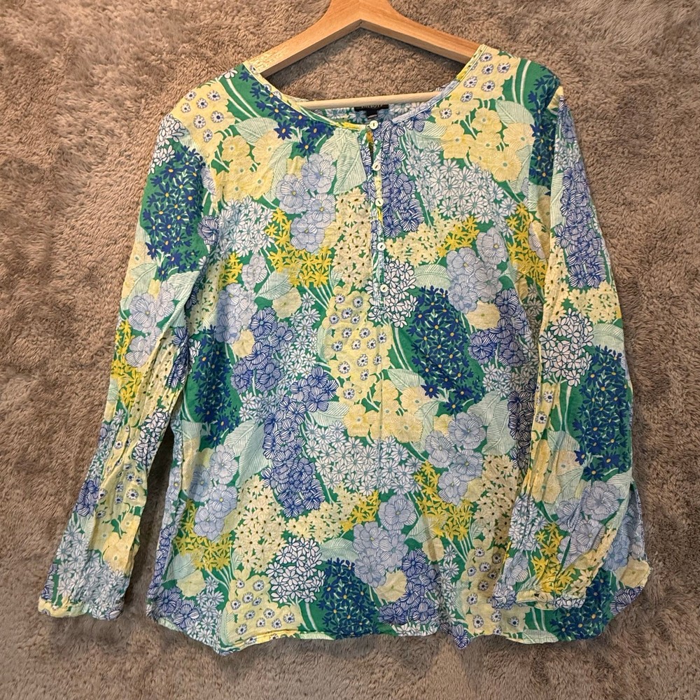 Talbots Band Collar Popover Blouse Cluster Garden Blue Yellow Floral XL