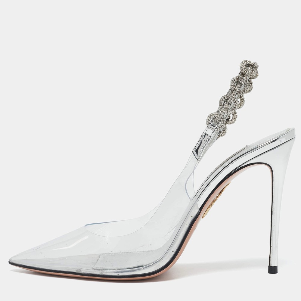Aquazzura Transparent PVC Crystal Embellished Love Link Pumps Size 38