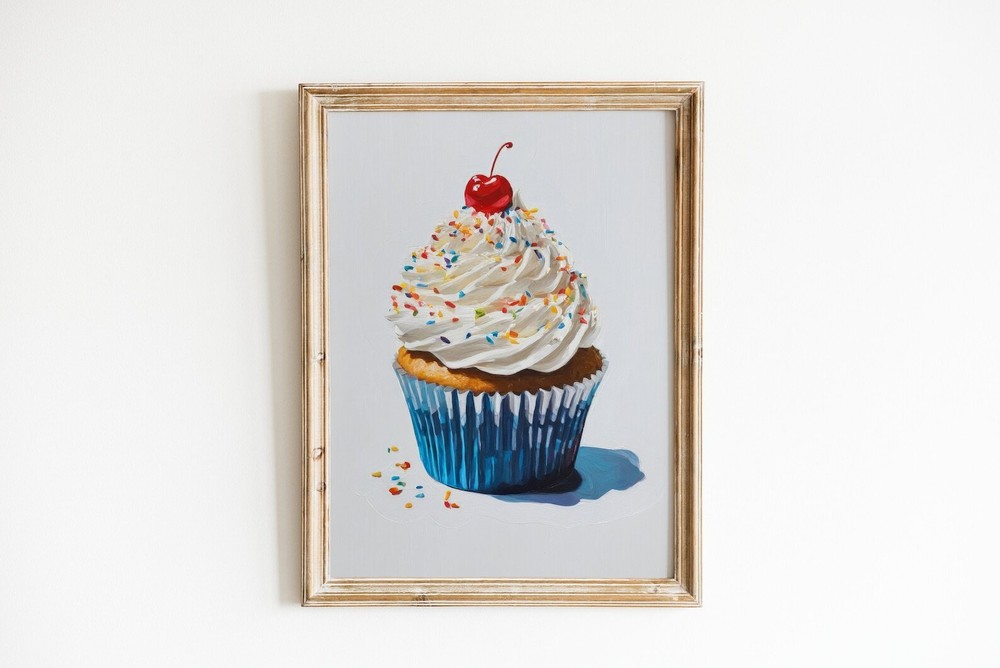 Cupcake Painting Cute Apartment Decor Food Artwork Retro Kitchen Printable Wall