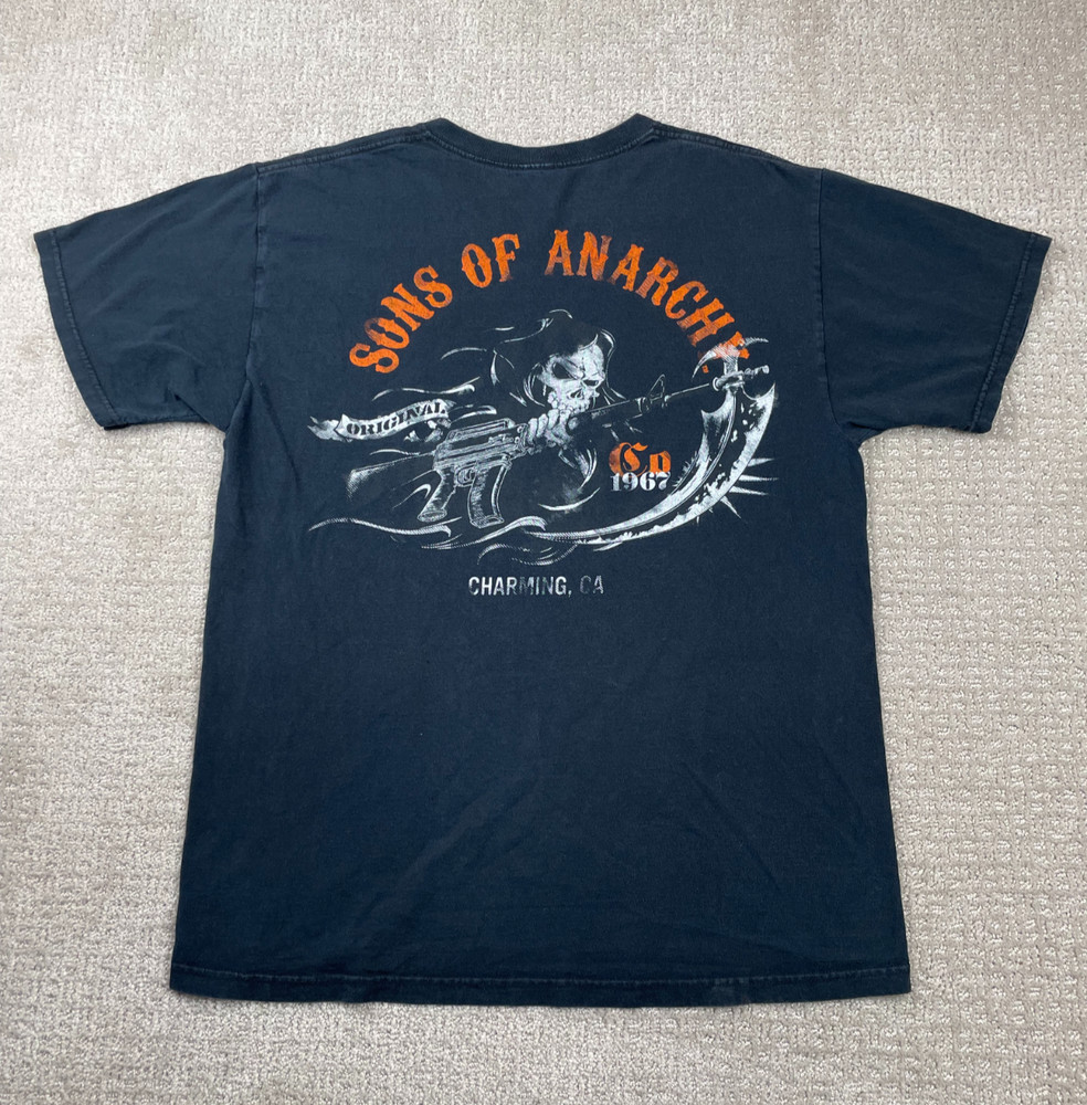 Sons Of Anarchy T Shirt Mens Large Black SOA Reaper Charming CA Double Sided Y2K