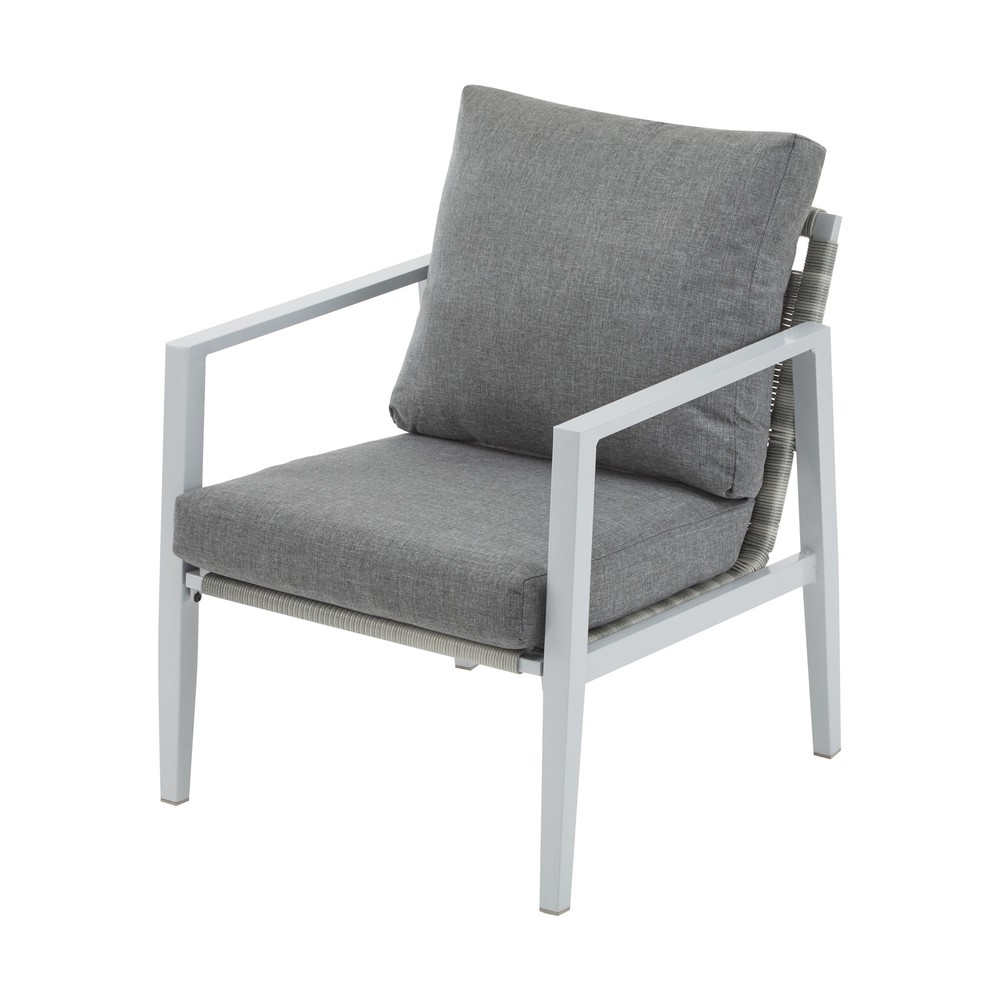 Silver Aluminum Lounge Chair with Rope Accents & Soft Cushions – Stylish Indoor Seating  