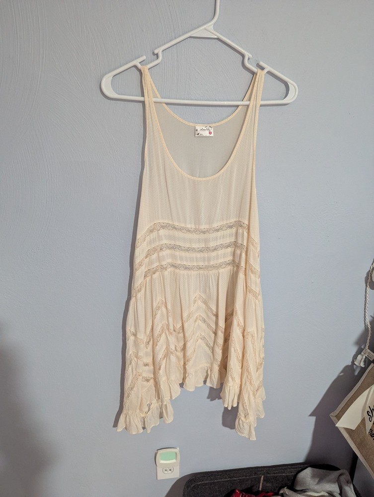 Intimately Free People Cream Polka Dot Lace Swing Ruffle Tunic Tank Top Sz. XS